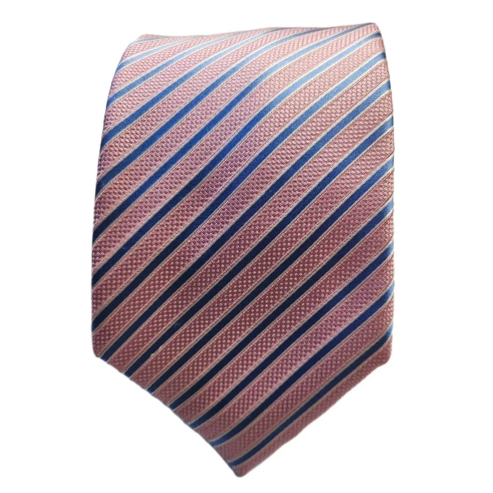 Tasso Elba 100% Silk Striped Repp Tie Hand‎ Made Pink Blue Stripes Mens Necktie